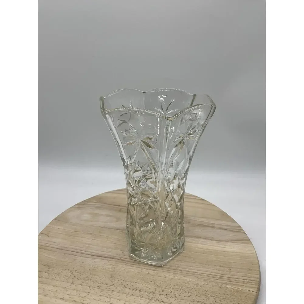Clear Pressed Glass Flower Vase Starburst Pattern Hexagon VTG Decor Centerpiece